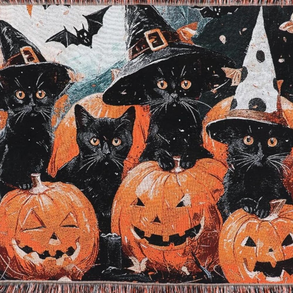 Vintage Kittens with Pumpkins Halloween Blanket Sofa Throw